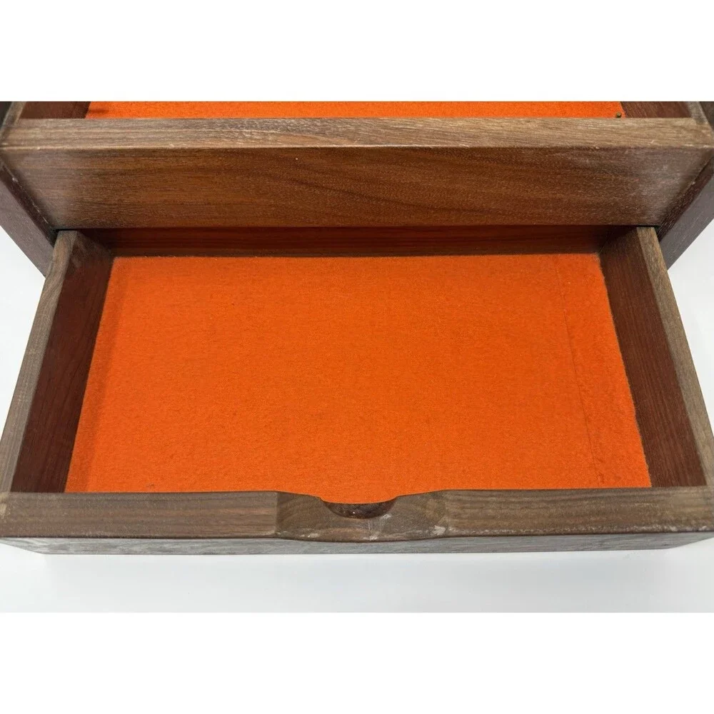 Wood Rectangle Jewelry Box Orange Felt Lined Brass Hinges Holds 25+ Pieces